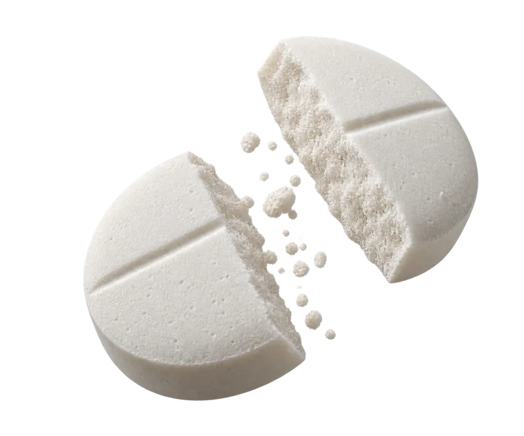 Illustration of a dissolving tablet separating into two pieces