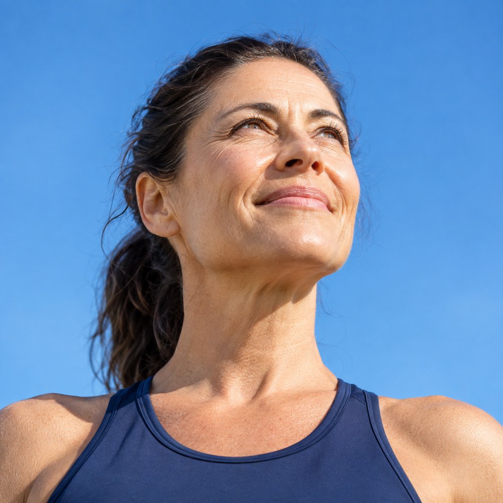 Woman looking toward a blue sky