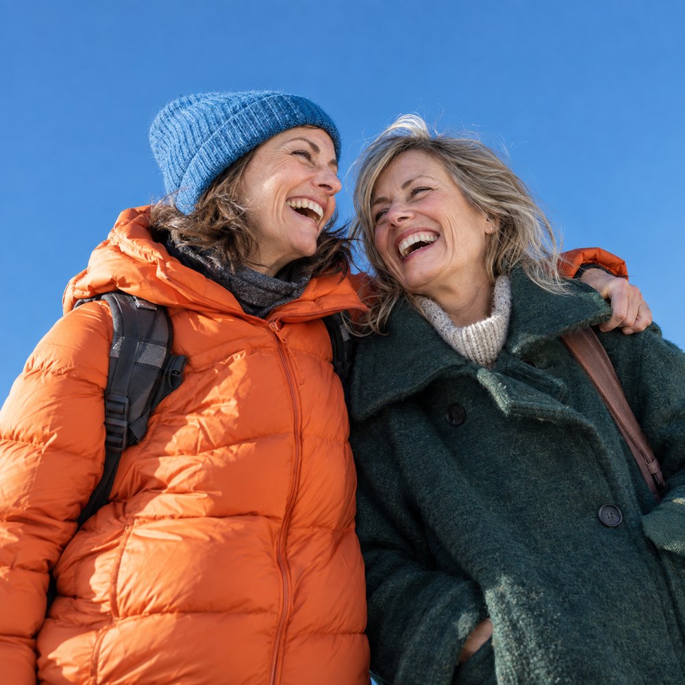 Two friends outside under a blue sky