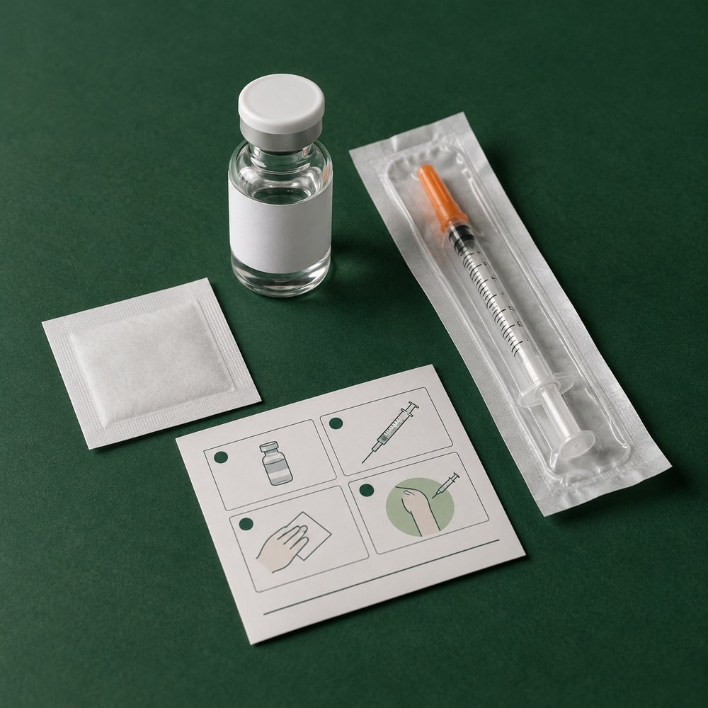 Vial, capped syringe and instruction card on a green surface